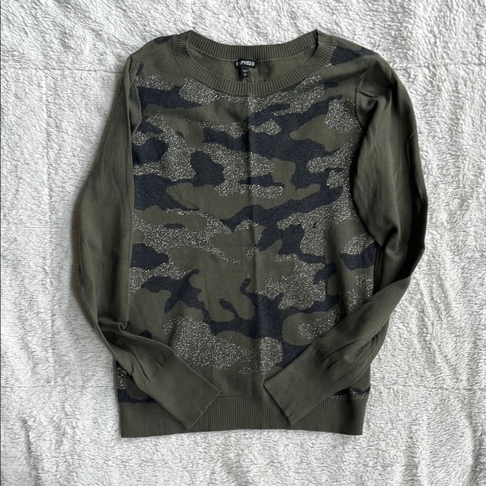 Express Green Camouflage Crewneck Sweater